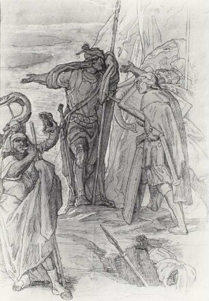 Rethel, Alfred: Hannibal zeigt seinen Kriegern Italien, Blatt IV. 1852. Zeichnung, Blei, Feder auf Pauspapier; 45 x 32 cm. Dresden: Kupferstich-Kabinett