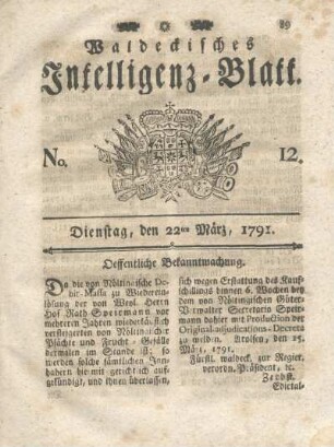 No. 12, Dienstag, den 22ten März, 1791