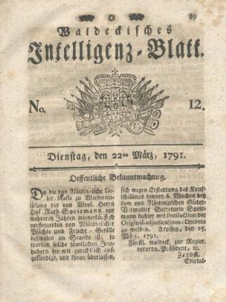 No. 12, Dienstag, den 22ten März, 1791