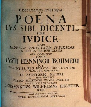 Dissertatio Ivridica De Poena Ivs Sibi Dicentis Sine Ivdice