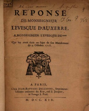 Réponse de Mr. l'evesque d'Auxerre, à Mr. l'evesque d ...