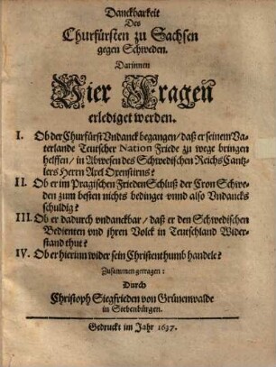 Dankbarkeit des Churfürsten zu Sachsen gegen Schweden ...