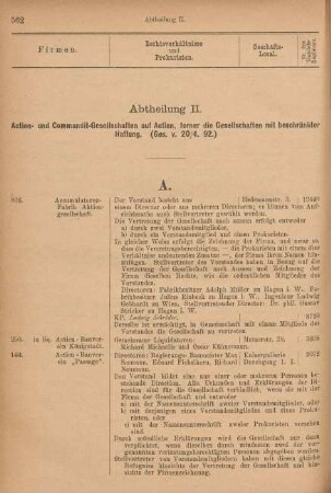 Abtheilung II. Actien- und Commandit-Gesellschaften auf Actien, ferner die Gesellschaften mit beschränkter Haftung.
