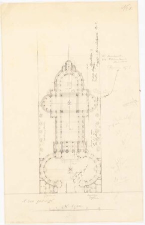 Wallfahrtskirche, Luxemburg: Grundriss von Kirche, Pfarrhaus, Kaplanei und Mariensäule 1:400