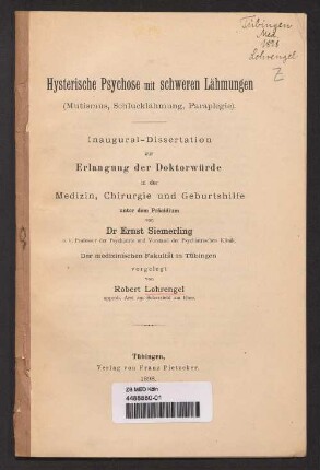 Hysterische Psychose mit schweren Lähmungen (Mutismus, Schlucklähmung, Paraplegie)