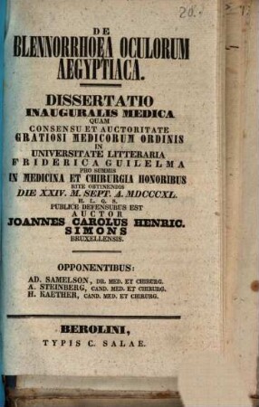 De blennorrhoea oculorum aegyptiaca : diss. inaug. med.