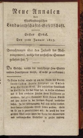 Erstes Stück. Den 3ten Januar 1815.