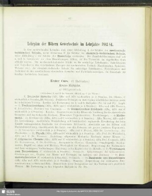 Lehrplan der Höhern Gewerbschule im Lehrjahre 1883/84