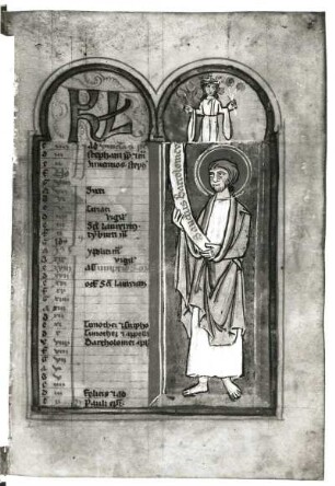 Heiliger Bartholomäus mit dem Tierkreiszeichen Jungfrau : Heiliger Bartholomäus mit dem Tierkreiszeichen Jungfrau. Aus: Calendarium perpetum. Goldgrundmalerei auf Pergament; ca. 22,5 x 15,7 cm (1201/1300). Dresden: SLUB Mscr.Dresd.A.126