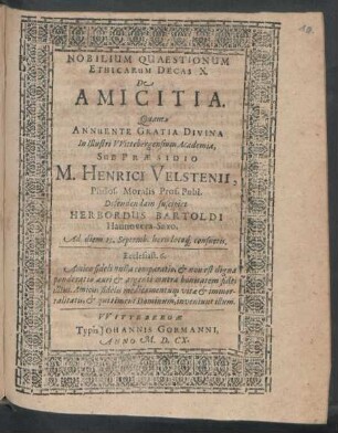 Nobilium Quaestionum Ethicarum Decas X. De Amicitia