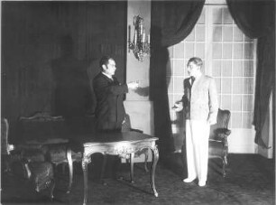 Belinde. Ein Liebesspiel in fünf Aufzügen von Herbert Eulenberg. Staatsschauspiel Dresden, Neueinstudierung 05.01.1933 : Willi Kleinoschegg als Belindes Mann Eugen und Felix Steinböck als Roger