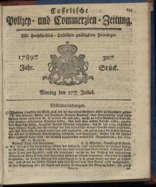 30tes Stueck, Montag den 27ten Julius. 1789