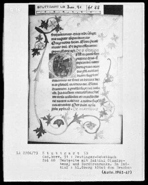 Gebetbuch des Konrad Peutinger — Initiale O (mnipotens), darin tötet der heilige Georg den Drachen, Folio 88recto