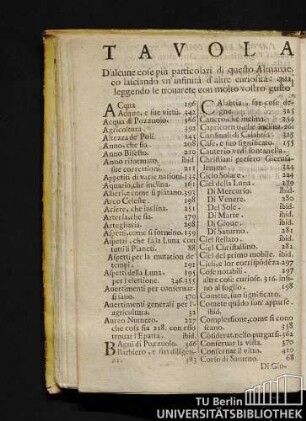 Tavola D'alcune cose più particolari di questo Almanacco lasciando vn'infinita d'Altre curiosità: qua leggendo le trouarete con molto vostro gusto