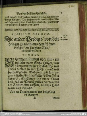 Die ander Predigt, von den heiligen Engelein, aus dem schönen Gesichte, des Propheten Esaiae, am Sechsten Capitel
