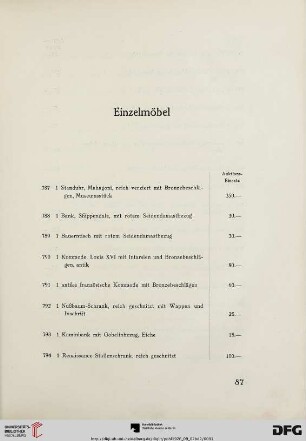 Einzelmöbel (Nr. 787-846)