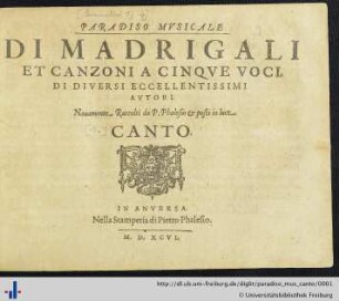 Canto: Paradiso musicale di madrigali et canzoni a cinque voci di diversi eccellentissimi autori