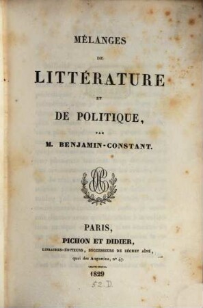 Mélanges de Litterature et de Politique