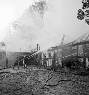 Schleushörn: Brand: Trabergestüt und Reitstall "Schleushörn" von Klaus Martens: brennender Stall mit Reetdach: darüber Rauchwolken: hinten Feuerwehrmänner beim Löschen