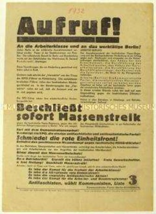 Aufruf der KPD zum Streik im Zuge des Preußenschlags und zur Reichstagswahl am 31. Juli 1932