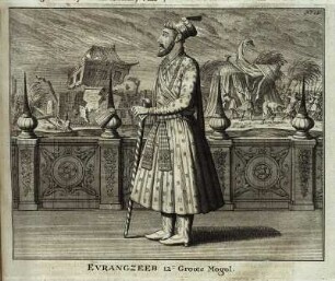 Evrangzeeb : Evrangzeeb. (Muhammad Aurangzeb Alamgir) Kupferstich auf Seite 275 aus: [Oud en Nieuw Oost-Indien] Deel 4, Stuk 2, Zaaken van den Godsdienst Op Het Eyland Java, ... 1726 . Dresden: SLUB Hist.Asiae.88-4,2