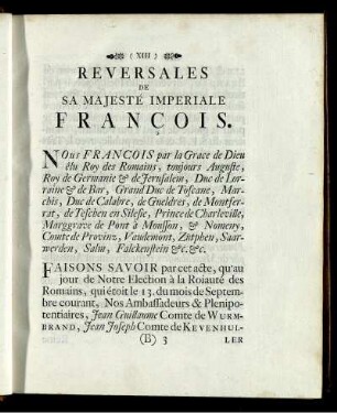 Reversales de sa majesté imperiale francois.