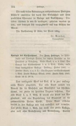 514-532 [Rezension] Hettinger, Franz, Apologie des Christenthums