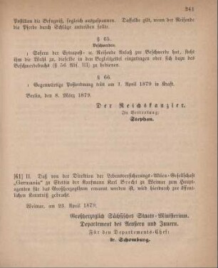61. Ministerial-Bekanntmachung, den Wechsel in der Hauptagentur der Lebensversicherungs-Aktien-Gesellschaft "Germania" zu Stettin betreffend