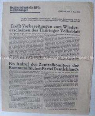 Rundschreiben der KPD Großthüringen zum Wiedererscheinen der Parteizeitung "Thüringer Volksblatt"