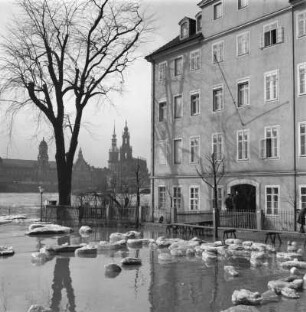 Dresden. Blick von der Wiesentorstraße über die Elbe gegen Terrassenufer während des Frühjahrhochwassers