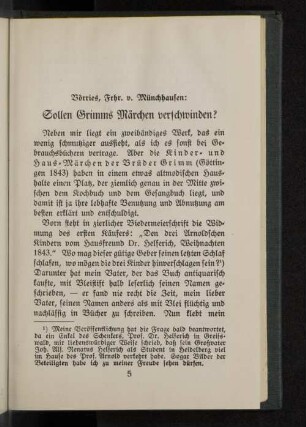 Börries, Frhr. v. Münchhausen: Sollen Grimms Märchen verschwinden?