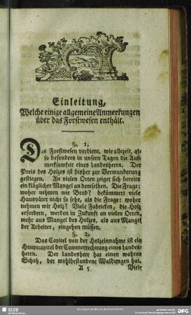 Einleitung, Welche einige allgemeine Anmerkungen über das Forstwesen enthält