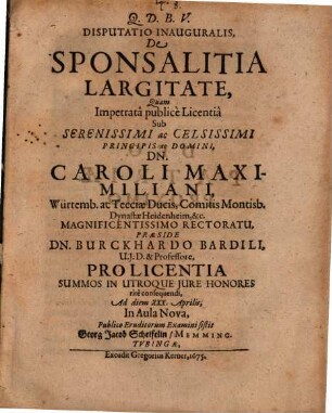 Disputatio Inauguralis, De Sponsalitia Largitate