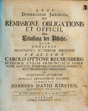 Dissertatio iuridica de remissione obligationis et officii, Von Erlassung der Pflicht