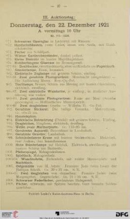 III. Auktionstag: Donnerstag, den 22. Dezember 1921 (Nr. 971-1457)