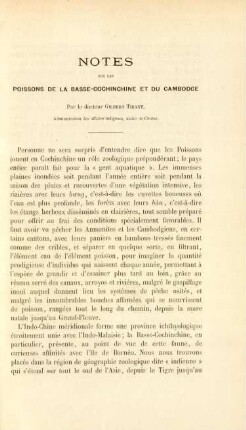 Notes sur les poissons de la Basse-Cochinchine et du Cambodge par le docteur Gilbert Tirant
