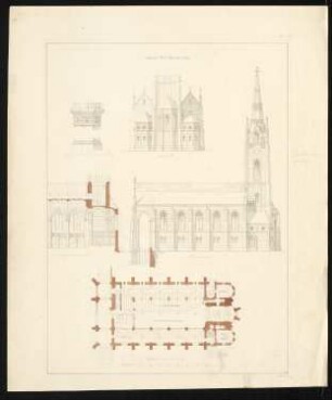Kirche mit 1650 Sitzen: Choransicht, Seitenansicht, Grundriss, Querschnitt, Detail