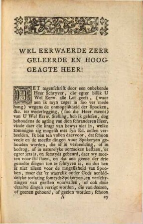 Briev Aan Den Wel Eerw. En Zeer Geleerden Heer Petrus Nieuwland, Wakker En Zeer Geagt Leeraar In 's Hage, Over de mogelikheid, en bestaenelikheid van Spooken, [1]