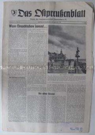 Wochenzeitung der Landsmannschaft Ostpreußen u.a. zum bevorstehenden Besuch Chruschtschews in Bonn