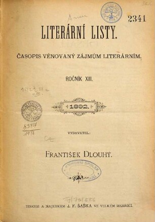 Literární listy : časopis věnovaný moderní kritice literární. 13. 1892 (1891/92)