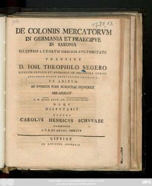 De Coloniis Mercatorvm In Germania Et Praecipve In Saxonia