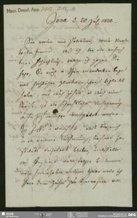 Eigenh. Brief von Heinrich Carl Abraham Eichstaedt an August Wilhelm von Schlegel, Jena, 20.07.1804