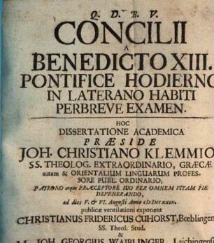 Concilii a Benedicto XIII. Pont. hodierno in Laterano habiti perbreve examen
