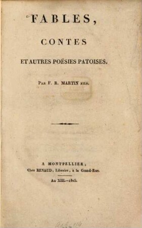 Fables, Contes et autres Poësies Patoises