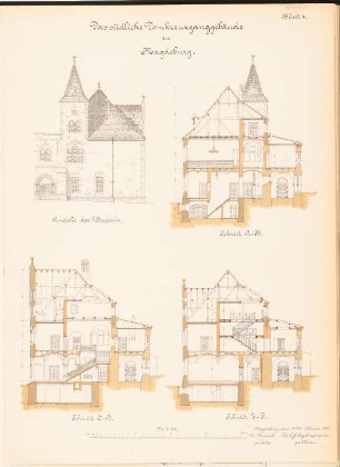 Südliches Kreuzganggebäude, Magdeburg: Ansicht der Westseite, 3 Schnitte 1:100