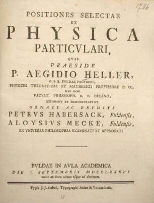 Positiones selectae ex physica particulari