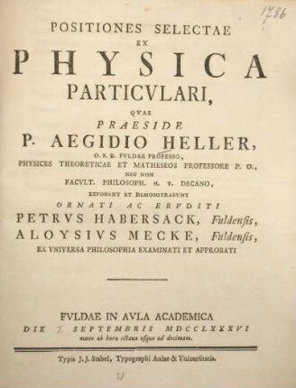 Positiones selectae ex physica particulari