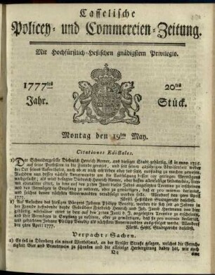 20tes Stueck, Montag den 19ten May 1777
