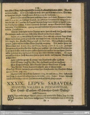 XXXIX. Lepus: Sabaudia, Helvetia, Vallisia & Pedemontium. Der Haase: Saphoy, Schweitzer-Land, Vallyß, und Piemont