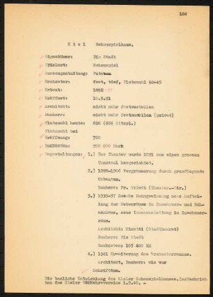 Schauspielhaus, Kiel: Schriftstück zum Fragebogen für das Handbuch »Das Deutsche Theater«